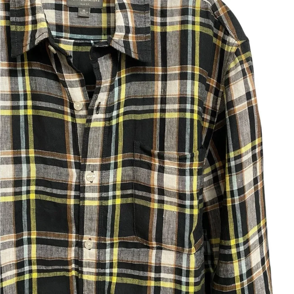 LL Bean Signature Men's Slim Fit Button Up Linen Shirt Size M Plaid Preppy